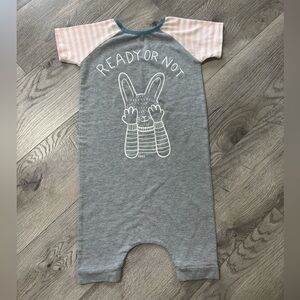 Rags to Raches Gray Romper with Pink Stripe Sleeves